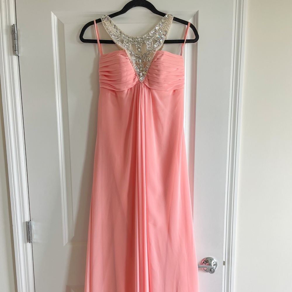 Coral / peach prom/ evening dress gown with crystals US size 4